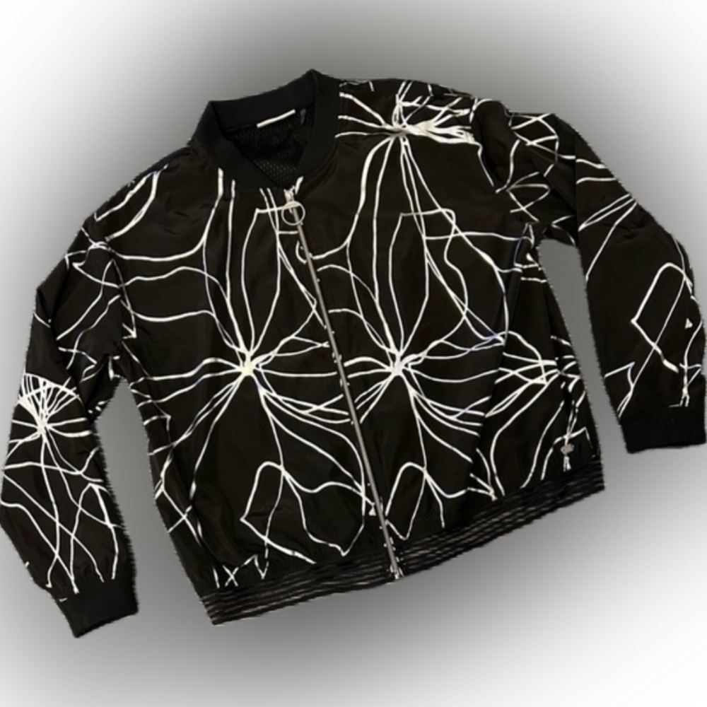 DKNY Sport Sz M Women’s Metallic Print Black Cropped Bomber Jacket Athliesure